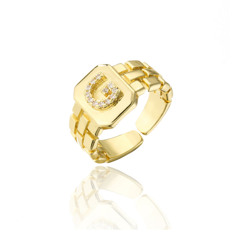 Minimalist Adjustable Open Ring with 18K Gold Plated Copper Band and AAA Zircon Letters Design