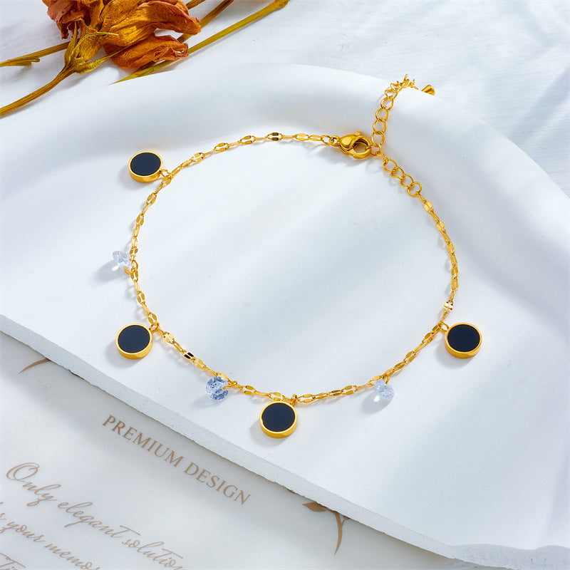 Cavigliera in titanio stile spiaggia con ciondolo circolare nero minimalista retrò di moda in strass trasparenti