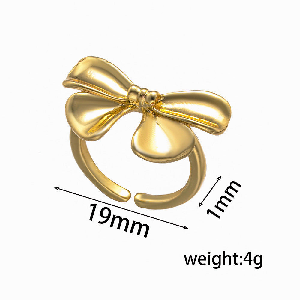 Minimalist Bow-Shaped Ring for Women in Copper with 18K Gold Plating, Adjustable Open Band Design