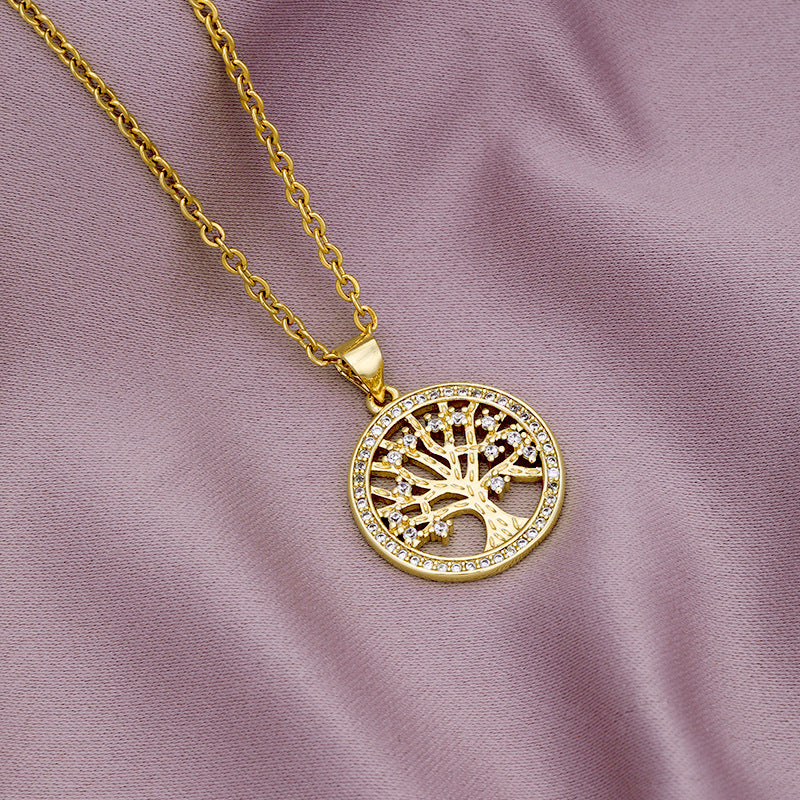 Collar con Colgante Minimalista Árbol de la Vida para Mujer en Cobre con Incrustaciones de Circones y Cadena O de Acero Inoxidable con Baño al Vacío