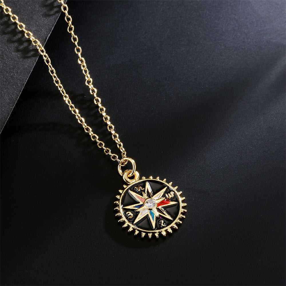 Casual Geometric Drip Oil Gold Plated Brass Compass Pendant Necklace with Cubic Zirconia