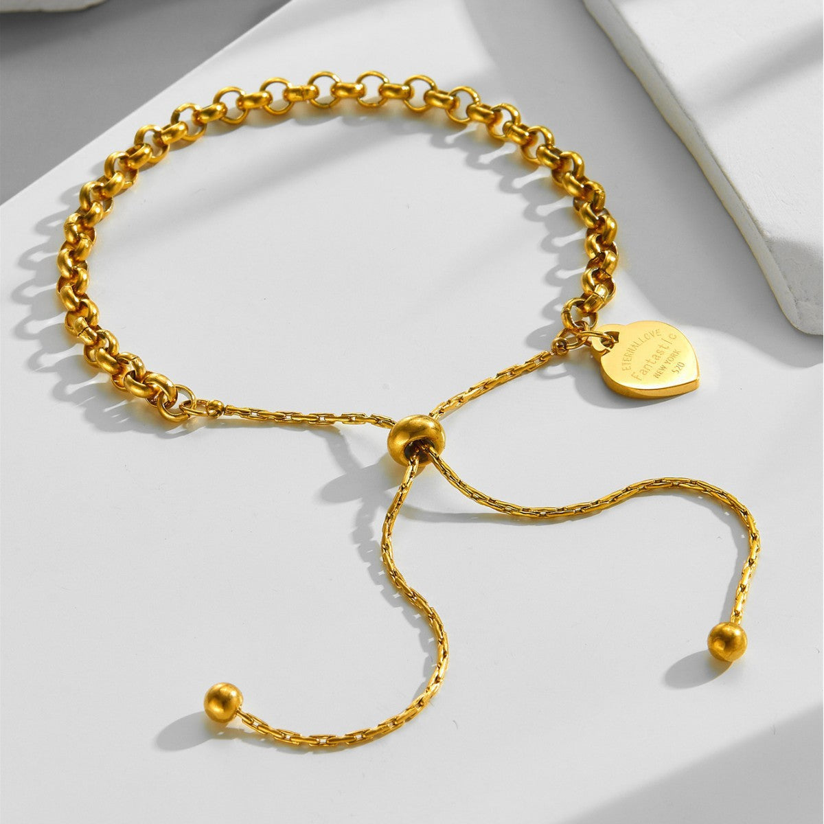 Sweet Minimalist Heart Shaped Stainless Steel Gold Plated Adjustable Bracelet for Women