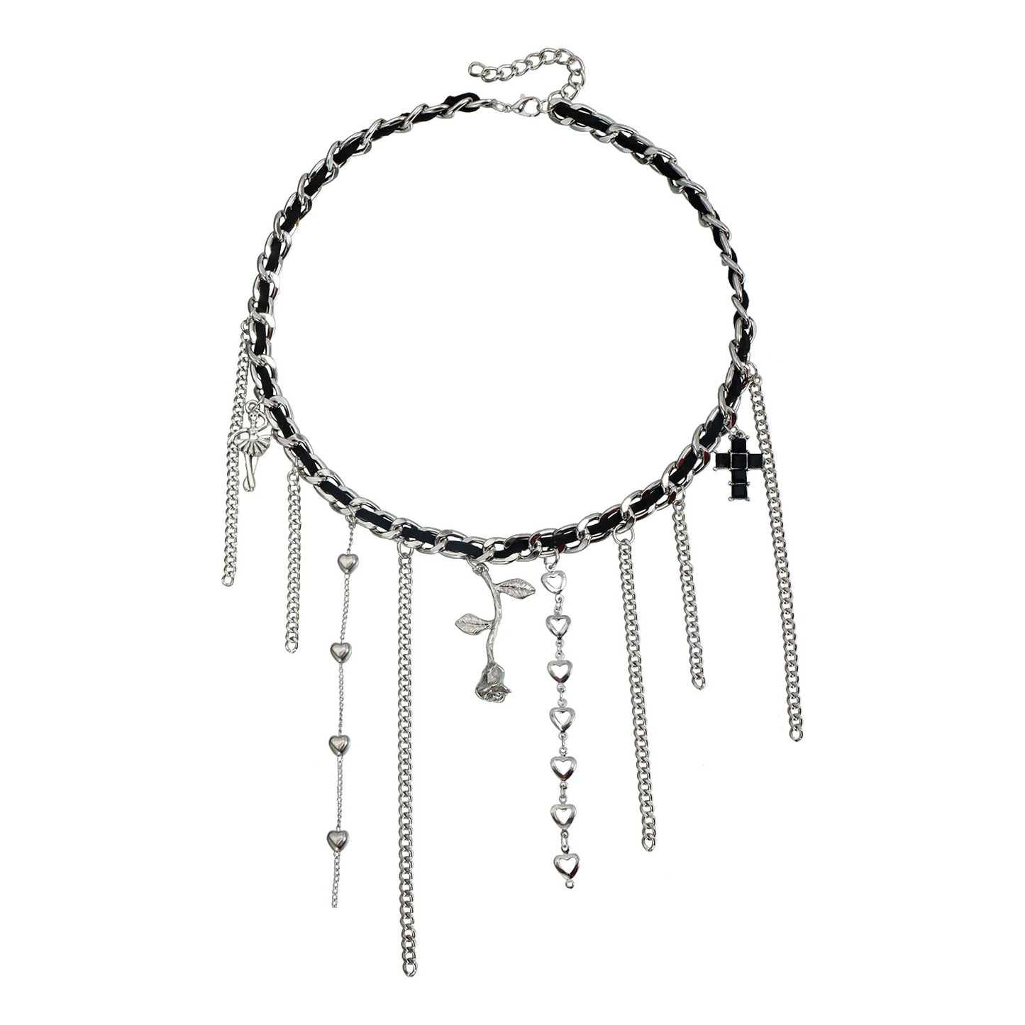 Casual Alloy Plated Cross Heart Geometric Floral Pendant Necklace with Tassel for Women