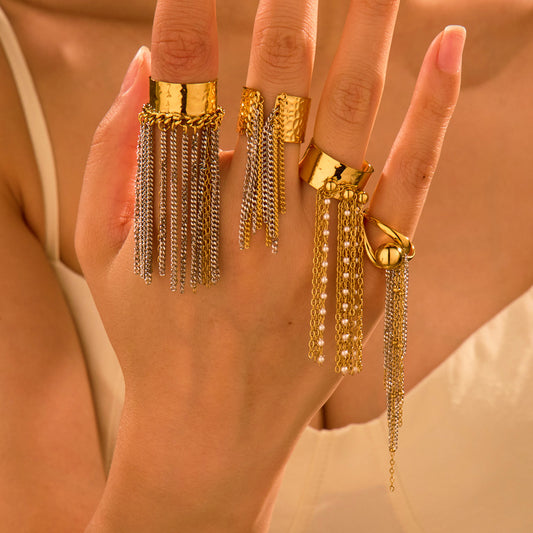 Anillo Ajustable de Acero de Titanio Geométrico de Lujo con Detalle de Borla para Mujer, Acabado Chapado Hipoalergénico