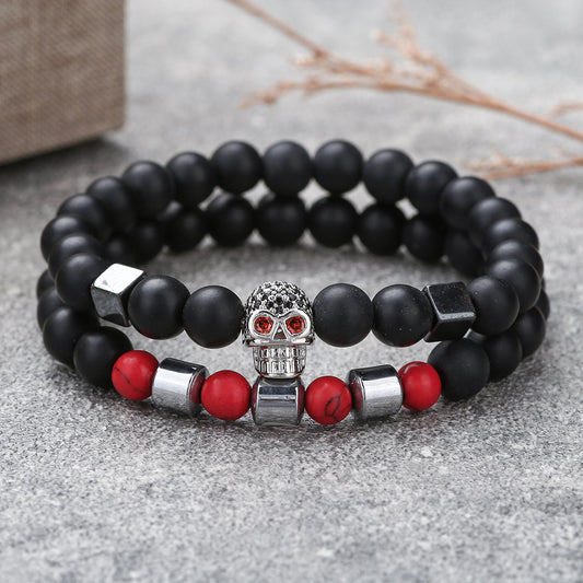 Micro-Paved Cubic Zirconia Geometric Skull Bracelet Set with Matte Black and Red Turquoise Beads