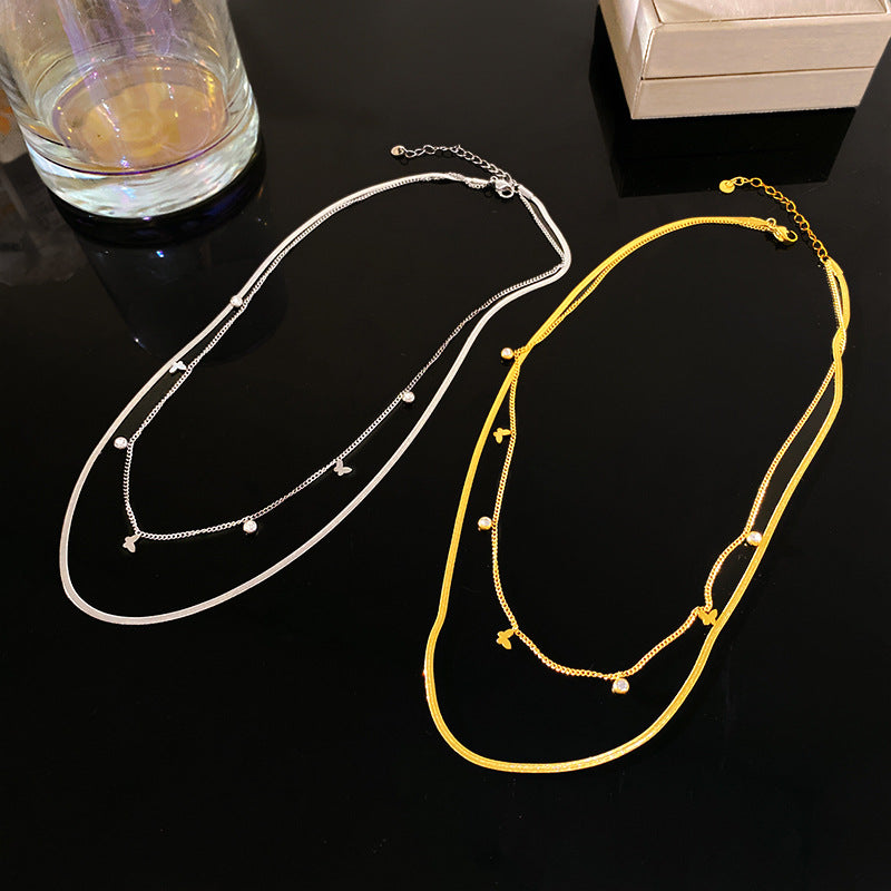 Layered Butterfly Cubic Zirconia Titanium Steel Snake Chain Necklace