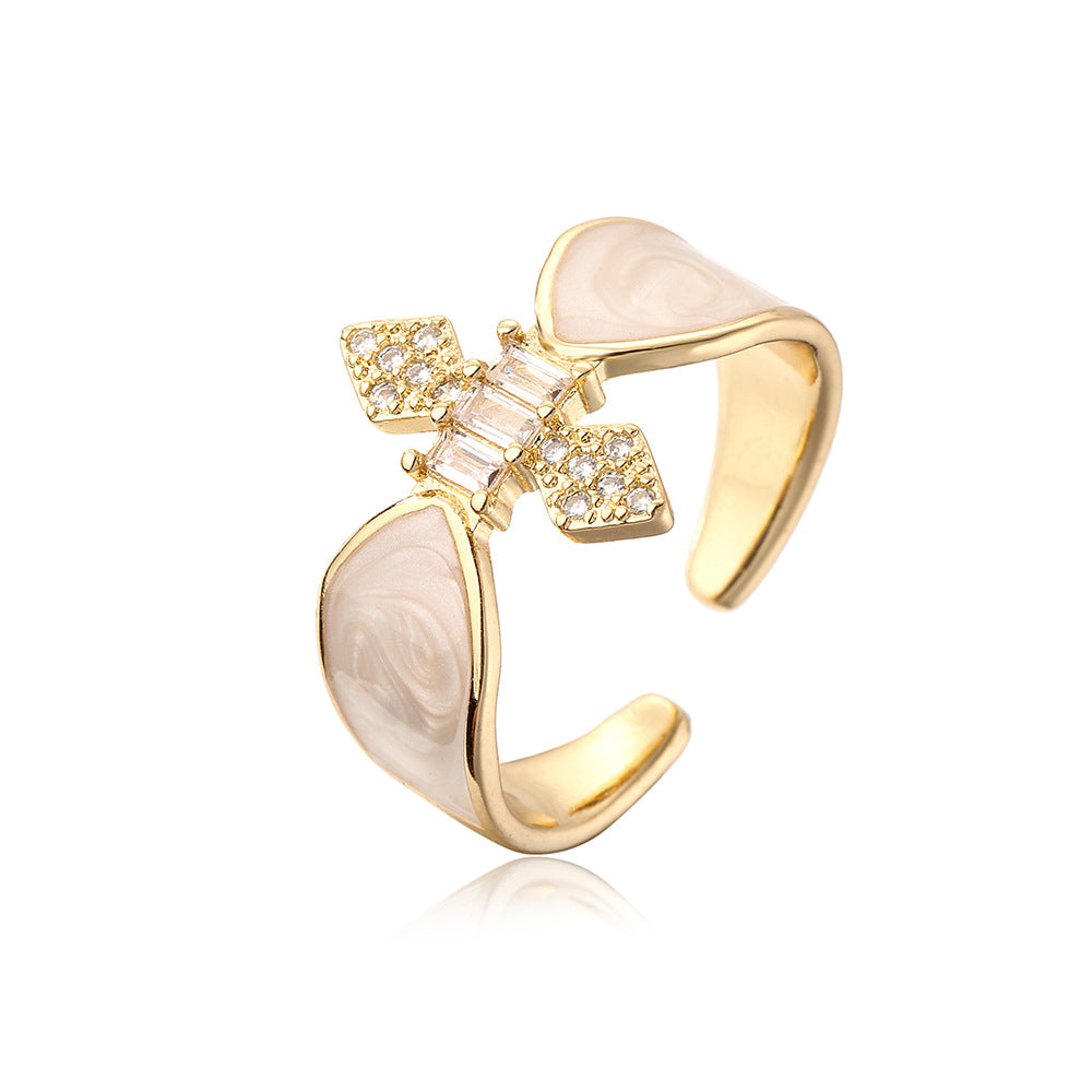 INS Style Geometric Open Ring for Women Made of Copper with 18K Gold Plating Micro-Pave Zirconia and Enamel Finish