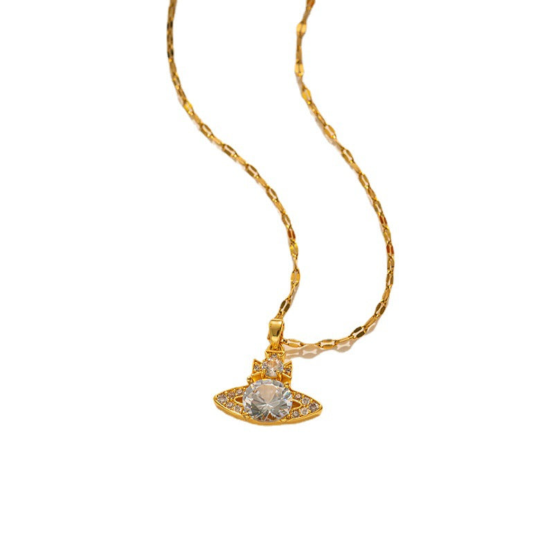 Luxury Geometric Planet Pendant Necklace for Women in Titanium Steel with Micro-Pave Zirconia and Polished Waterwave Chain