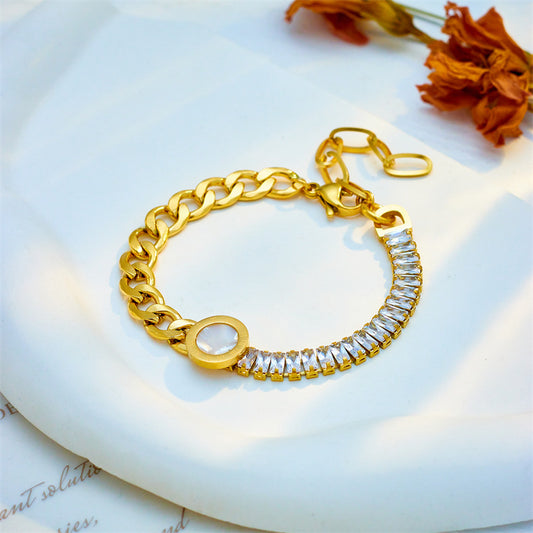 Bracciale in Acciaio Inossidabile con Ciondolo Rotondo Irregolare di Tendenza, Dettagli in Strass e Finitura Placcata