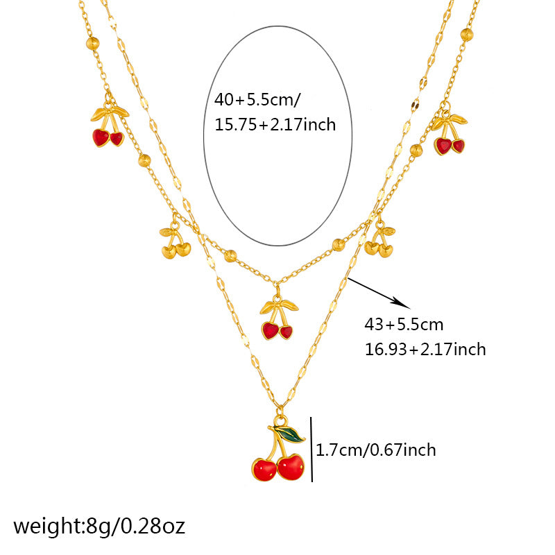 Minimalist Sweet Drip Oil Plated Stainless Steel Rhinestone Cherry Fruit Pendant Necklace and Bracelet Set with Singapore Chain for Women
