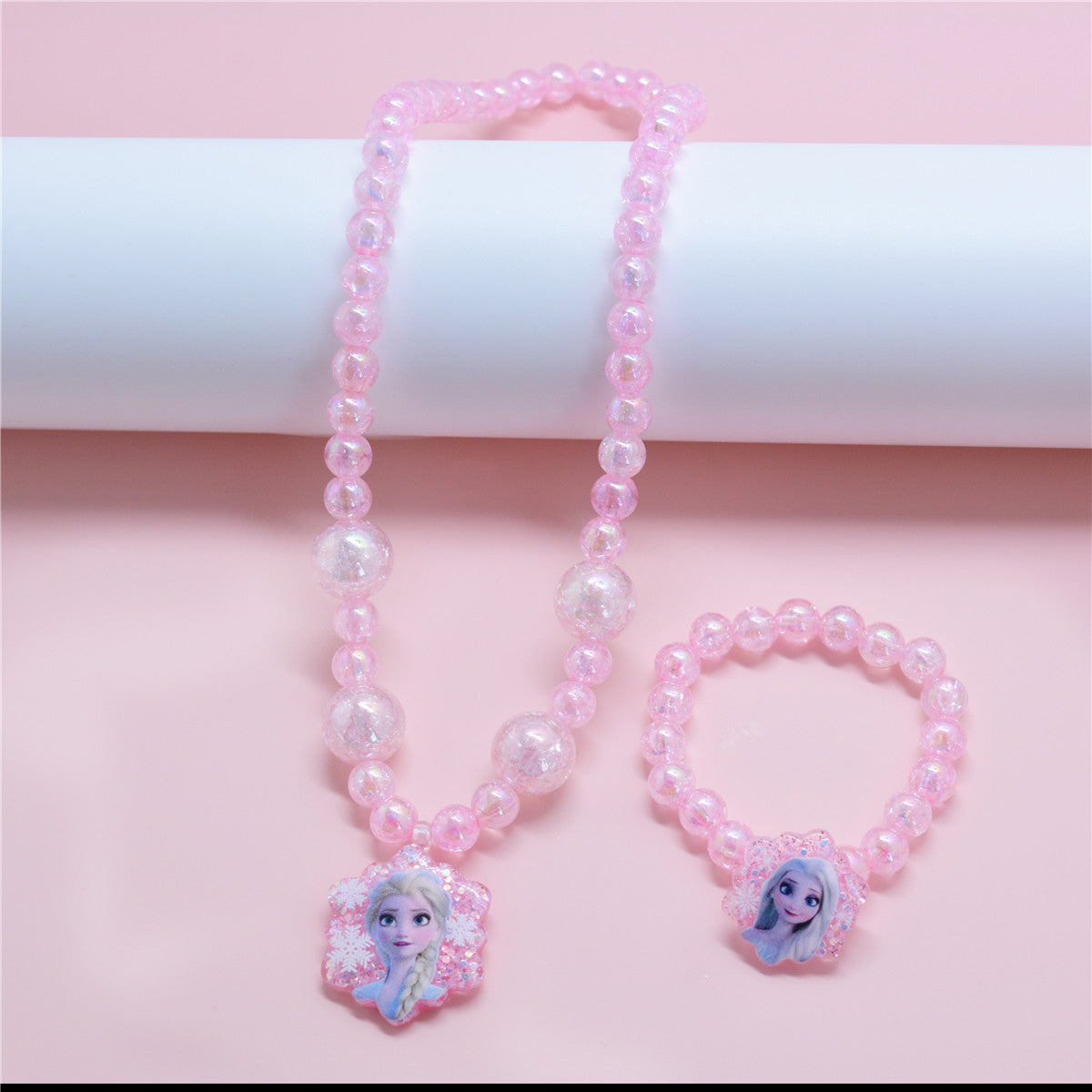 Cartoon Elsa Princess Necklace Set for Kids with Resin Pendant on Beaded Chain Adjustable for Ages 0-10 Years