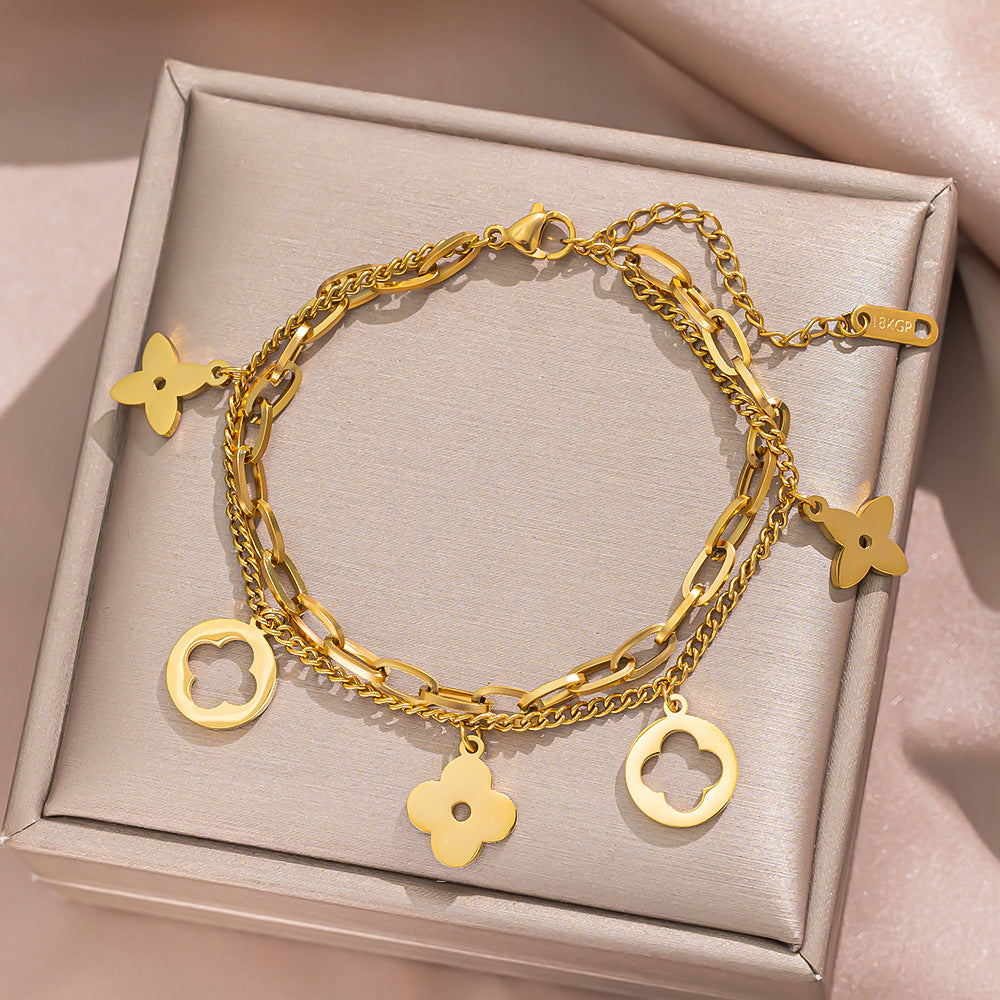 Minimalist Stainless Steel Double-Layer Hollow Four-Leaf Clover Bracelet with Multiple Pendants and Letter Charms