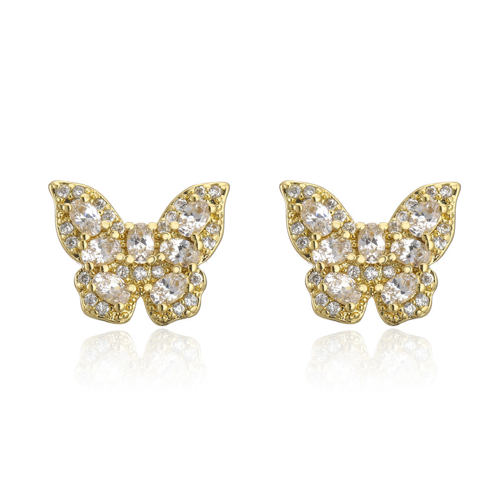 Butterfly-Shaped Copper Earrings with 18K Gold Plating and AAA Zirconia, Minimalist Modern Style Fashion Studs for Women