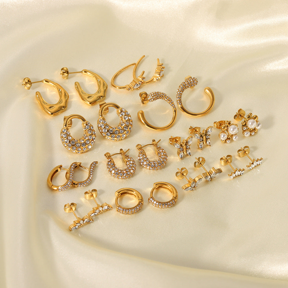 Orecchini Irregolari a Farfalla con Zirconi e Perle in Acciaio Inossidabile con Placcatura in Oro 18K da Donna