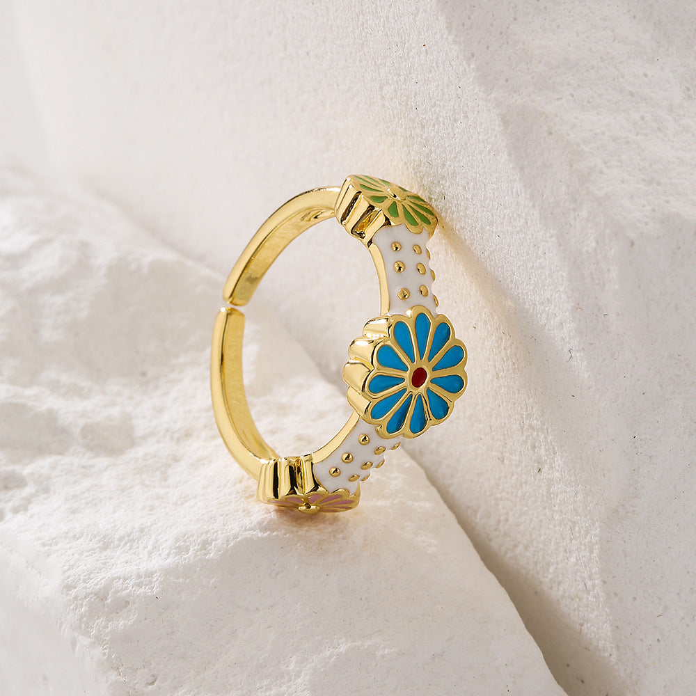 Bohemian Style Irregular Geometric Shape Copper Ring with Gold Plating and Enamel Floral Design for Women