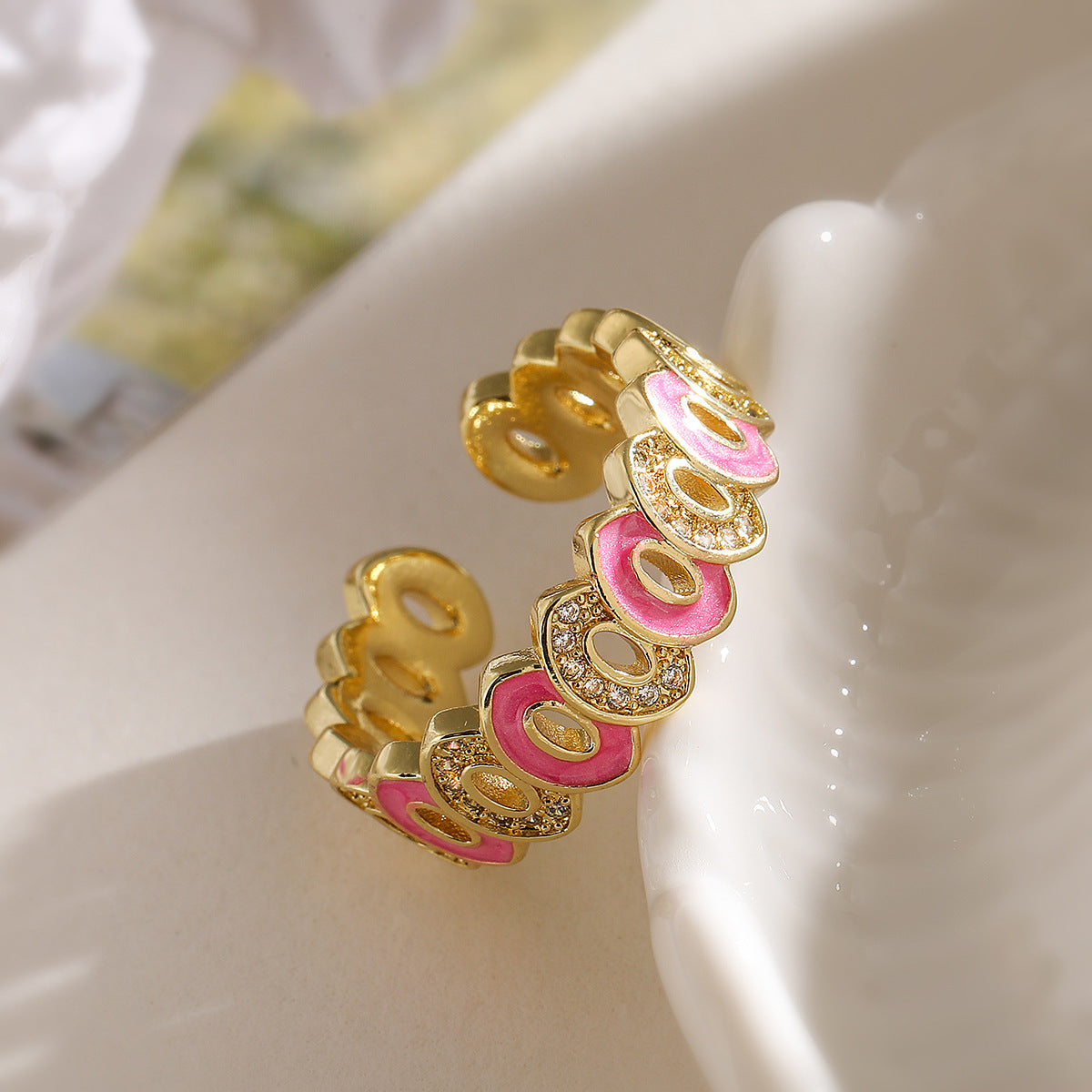 Bohemian Style Geometric Open Ring for Women Made of Copper with Real Gold Plating and Zircon Inlay with Enamel Finish