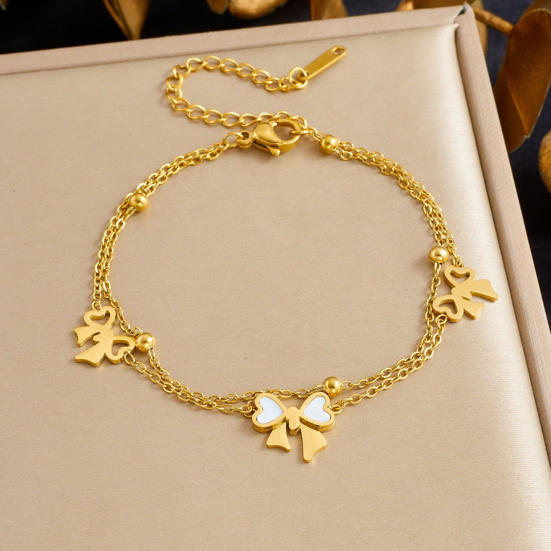 Minimalist Luxury Gold Plated Stainless Steel Bow Pendant Double Layer Necklace Set for Women