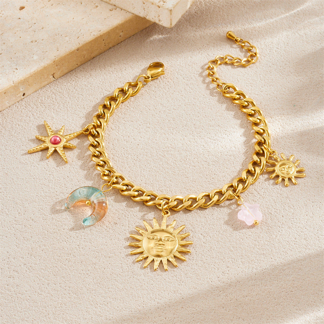 Fashion Gradient Acrylic Moon Star Flower Sun Gold Plated Stainless Steel Jewelry Set for Women