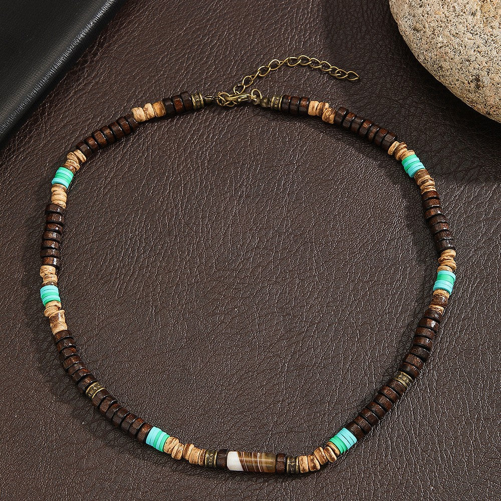 Bohemian Hip-hop Geometric Wood Bead Coconut Shell Stainless Steel Necklace for Men and Women