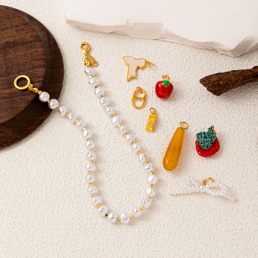 Colorful Fruit Apple Strawberry Pearl Bow Plated Brass Charm Bar