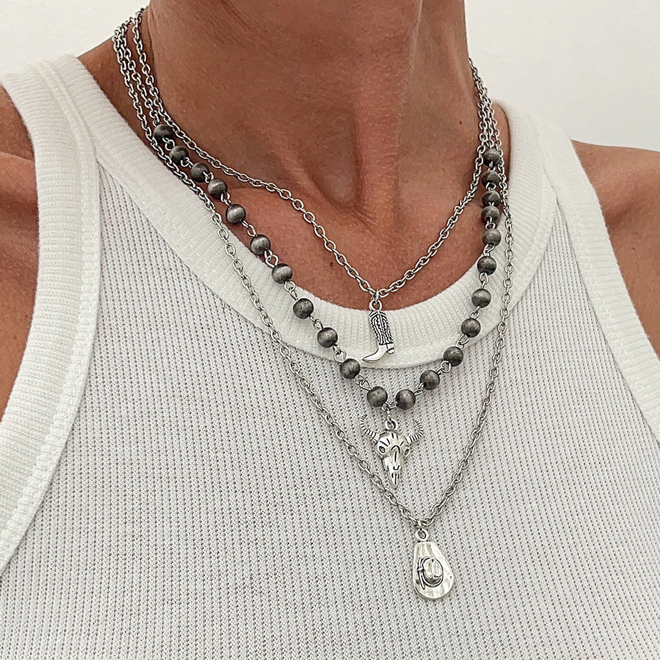 Vintage Bohemian Geometric Brushed Alloy Pendant Necklace Set for Women