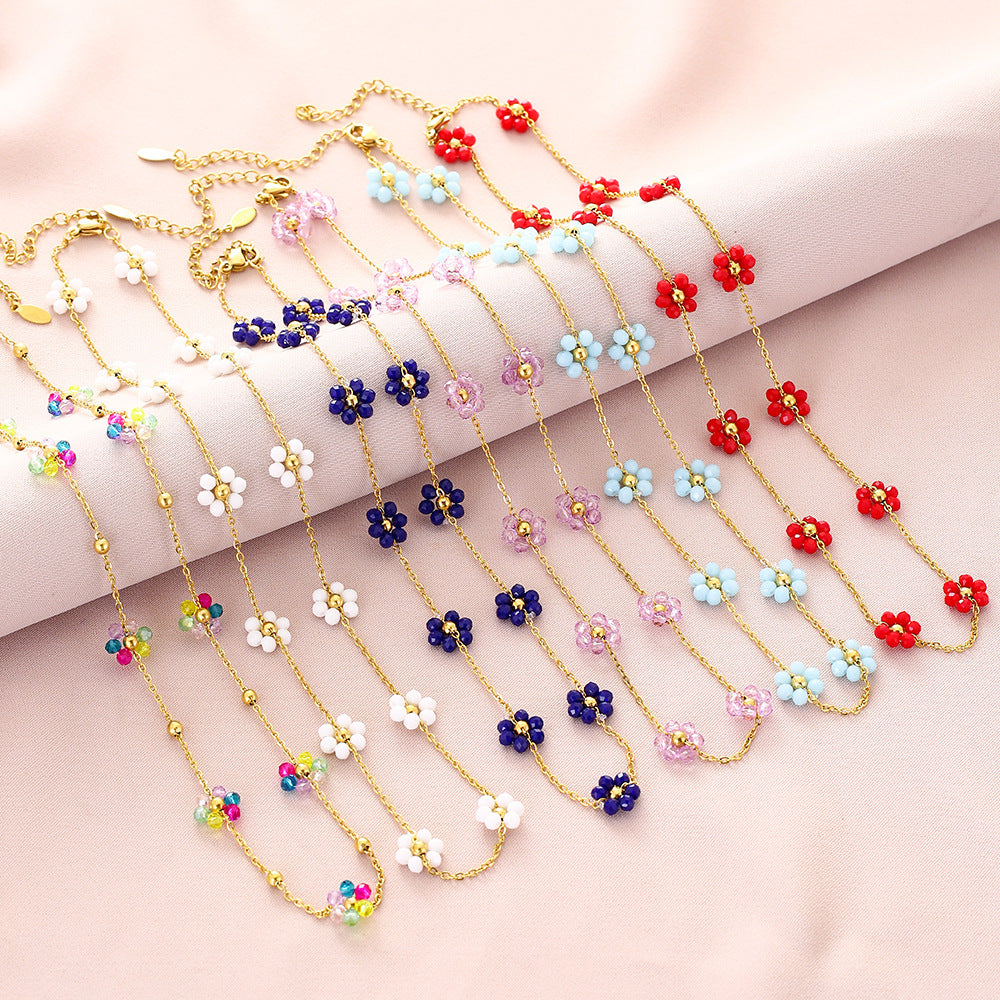 Dulce Collar Colgante de Pétalo de Cristal Floral Fresco para Mujer en Acero de Titanio con Acabado Chapado y Cadena de Eslabones