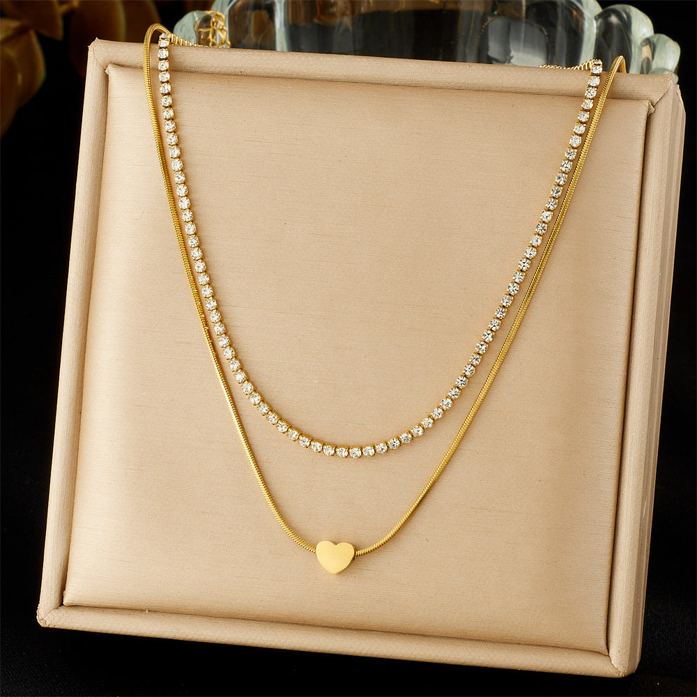 Minimalist Elegant Round Heart Rhinestone Inlay Stainless Steel Double Layer Necklace for Women