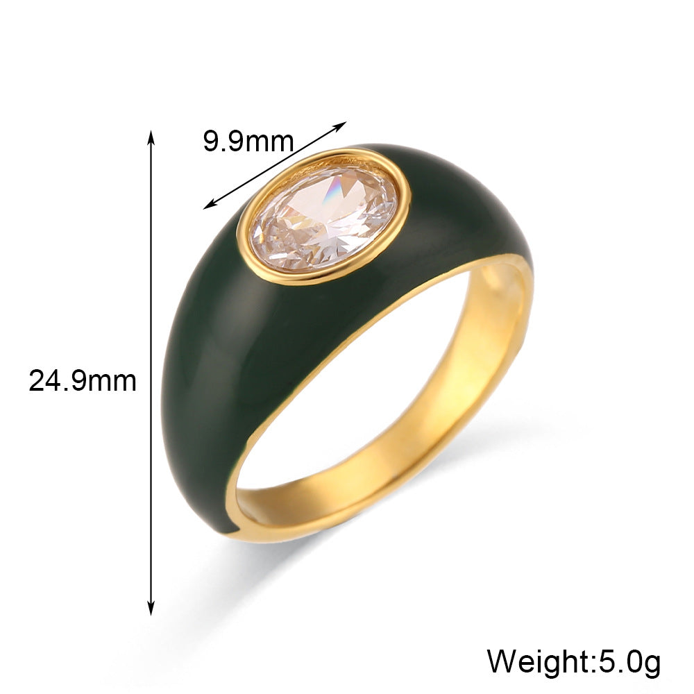 Vintage Style Oval-Shaped Titanium Steel Ring with 18K Gold Plating and Enamel Finish for Women