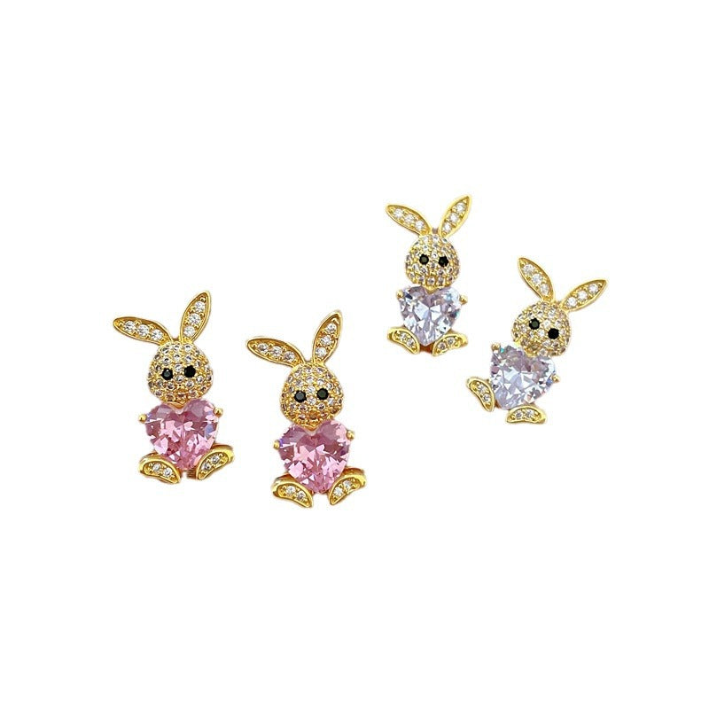 Luxury Titanium Steel Micro-Pave Rabbit Pendant Necklace and Earrings Set for Women Geometric Design Elegant Party Jewelry