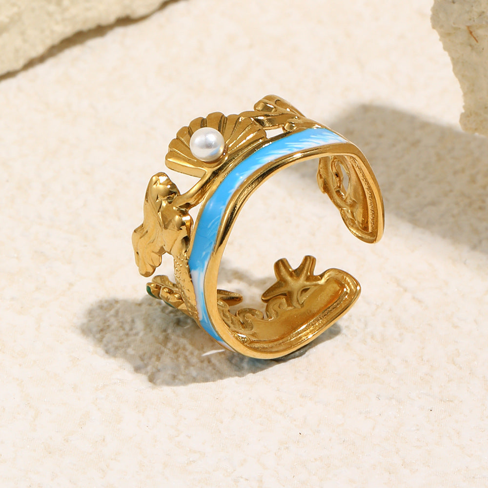 Minimalist Vacation-Style Stainless Steel Plated 18K Gold Starfish and Scallop Open Ring with Line Design