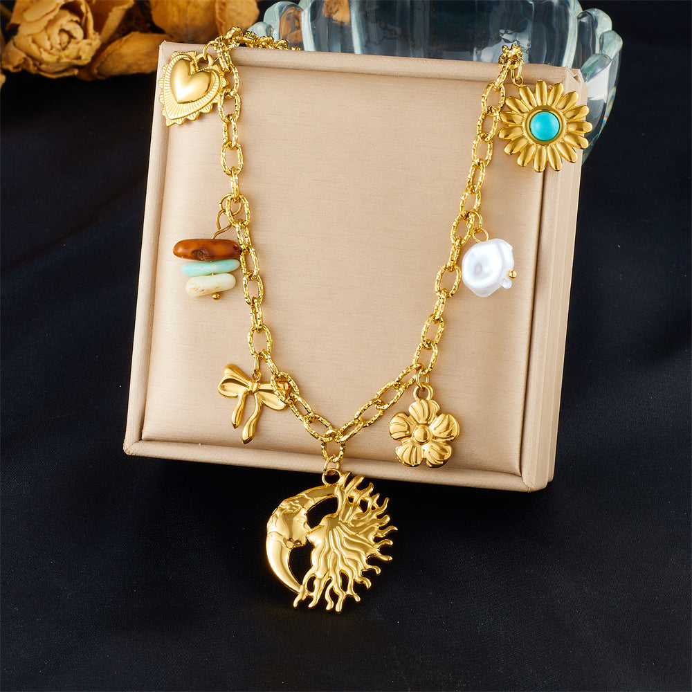 Stainless Steel Plated Star and Shell Pendant Necklace with Cable Chain for Women