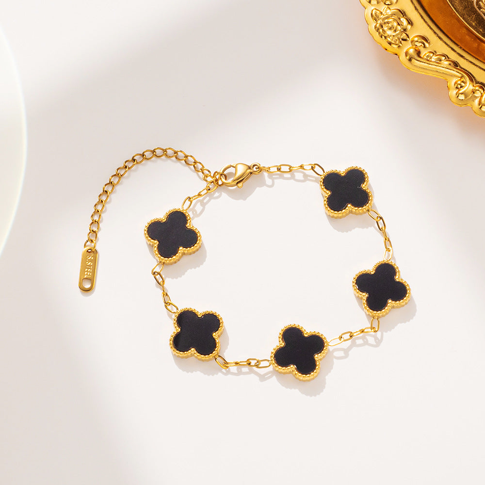 Pulsera Minimalista de Acero de Titanio con Forma de Trébol para Mujer con Baño de Oro e Incrustaciones de Nácar