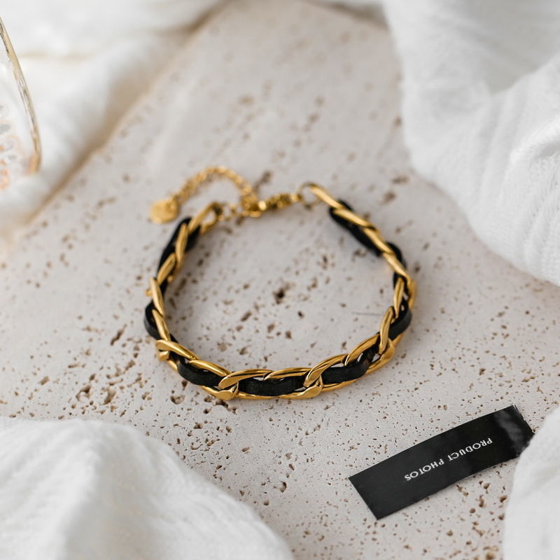 Geometric Leather-Wrapped Titanium Steel Bracelet for Women and Men with Vacuum Plating Finish Minimalist Fashion Accessory
