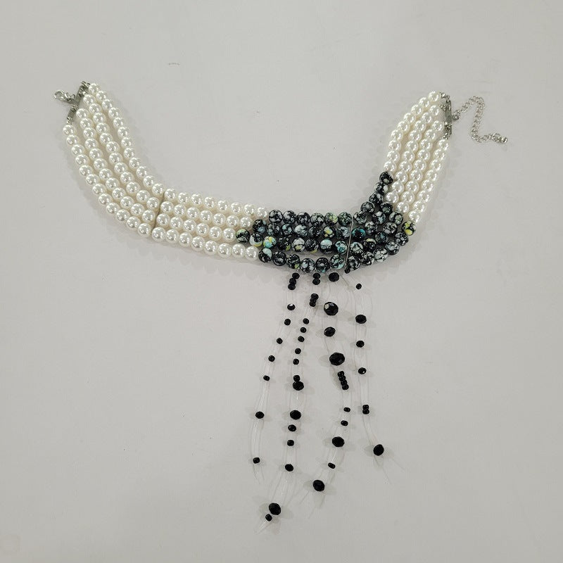 Sweet Gothic Geometric Acrylic and Pearl Beaded Choker Necklace with Tassel for Women