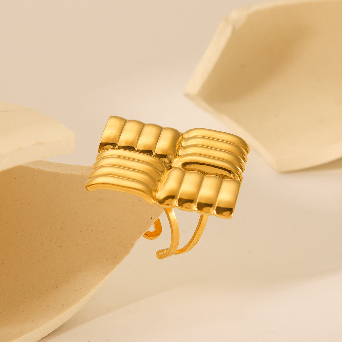 Trendy Geometric Square Textured Ring 18K Gold Plated Stainless Steel Women Jewelry