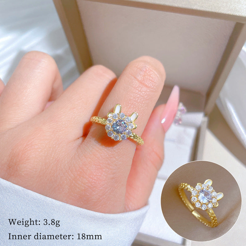 Minimalist Geometric Gold-Plated Brass Open Ring for Women with Crown Shape and Rhinestone Inlay