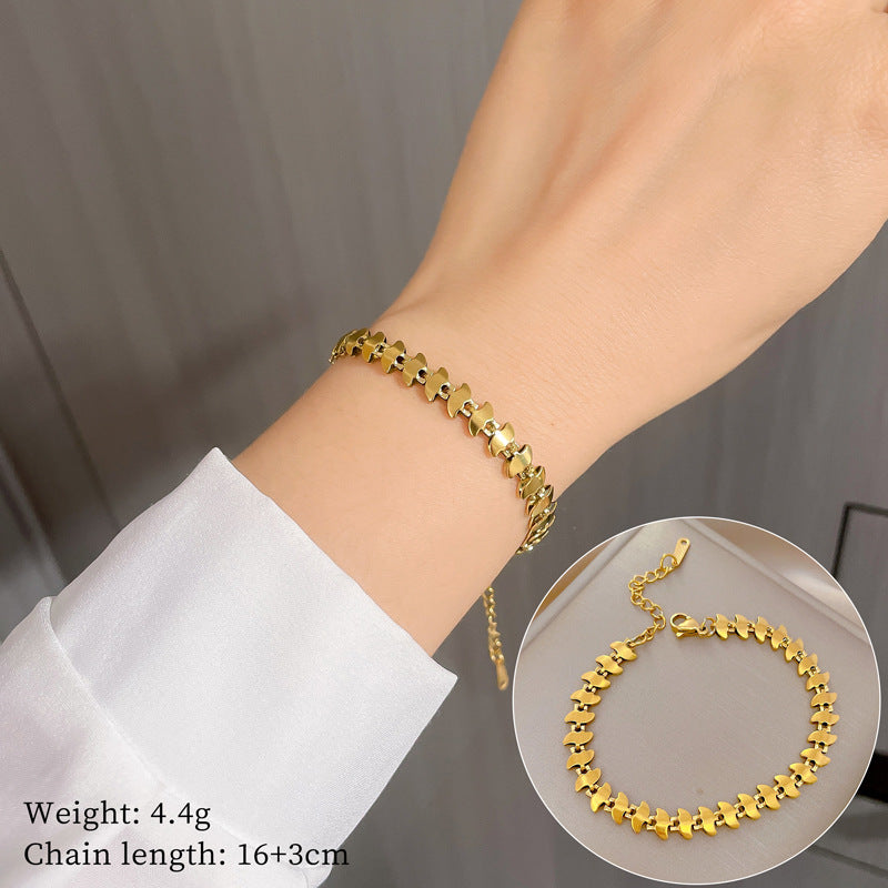 Vintage Women's Titanium Steel Rope Chain with Round Beads and Roman Numerals Gold Plated Wave Texture Four-Season Bean Hand Chain