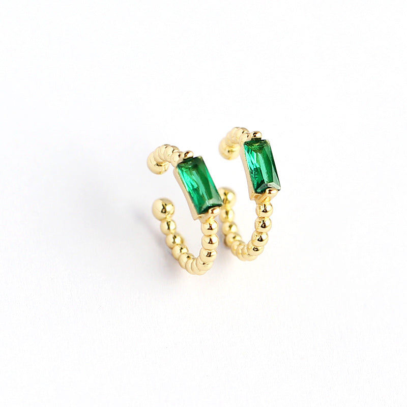 Sweet 925 Sterling Silver Geometric Round Inlaid Emerald Cubic Zirconia Ear Clip for Women