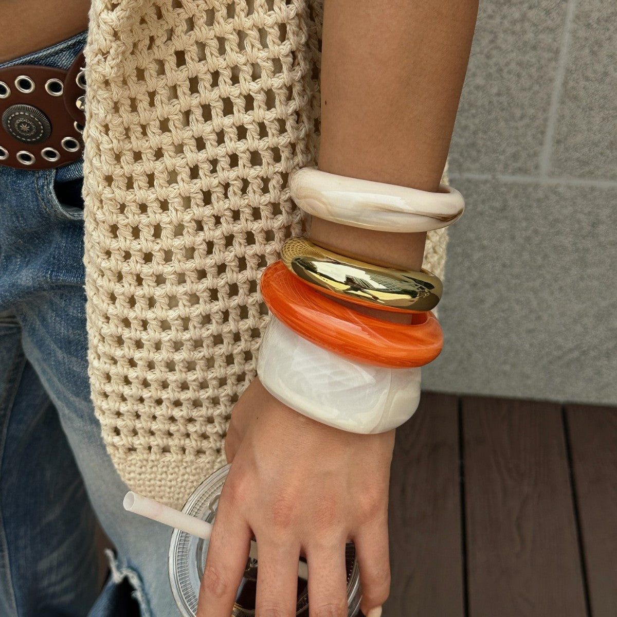 Exaggerated Streetwear Geometric Drip Oil Acrylic Bracelet with Semi-Transparent Orange Gradient