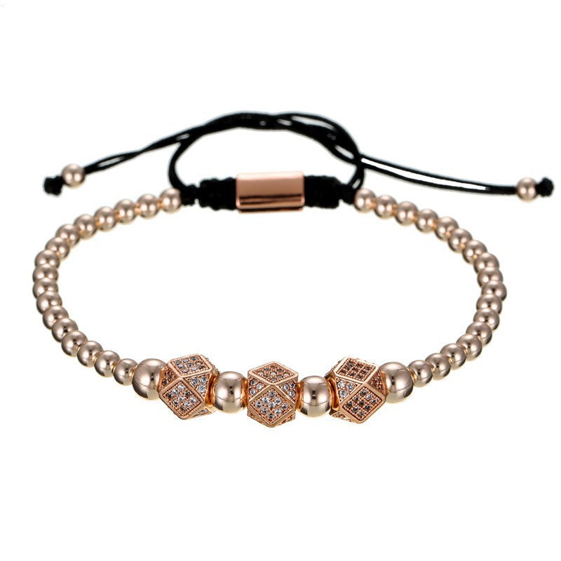 Unique Geometric Handmade Brass Bracelet with Cubic Zirconia and Adjustable Beads