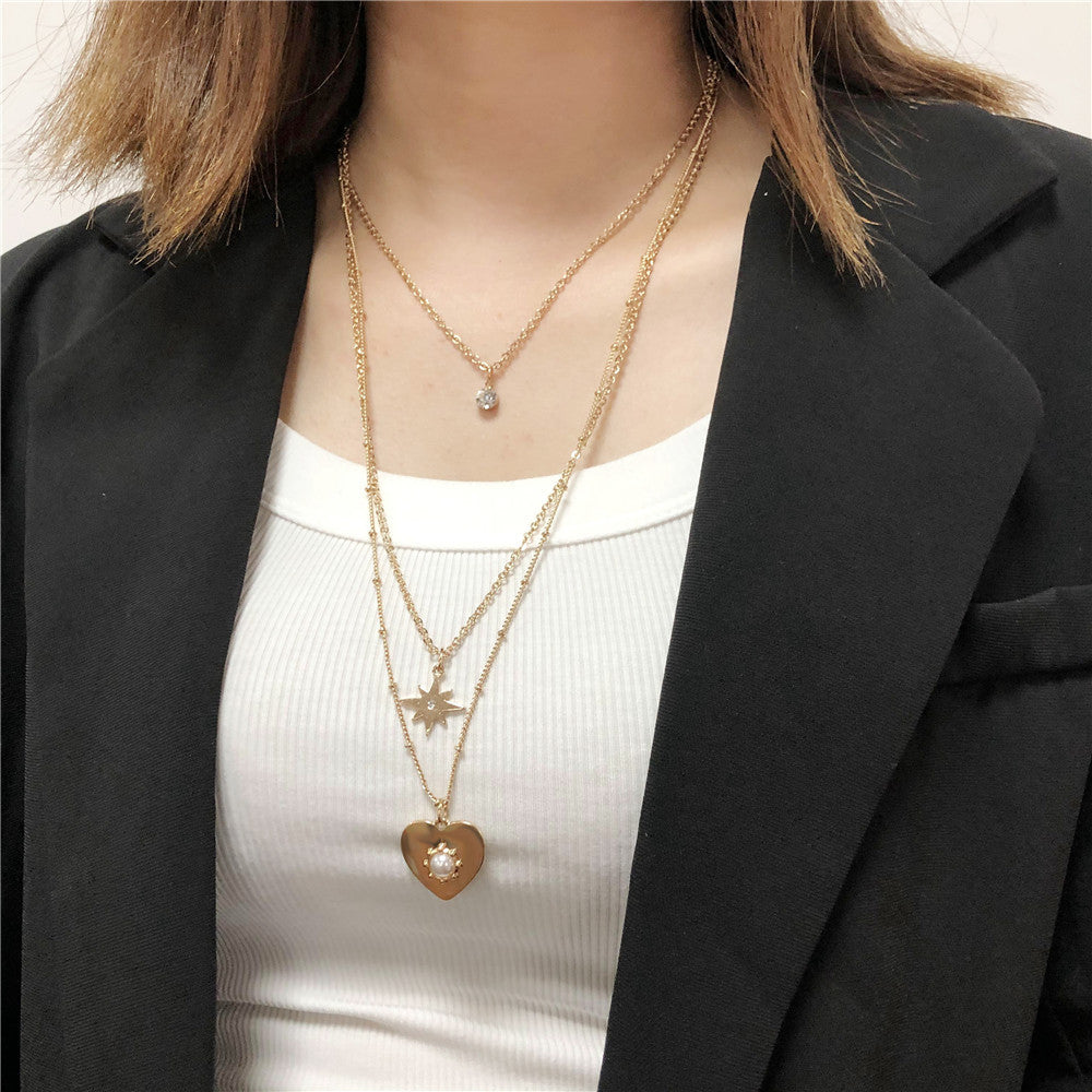 Fashion Gold Plated Alloy Multi-Layer Snake Chain Necklace with Heart and Star Pendants for Women