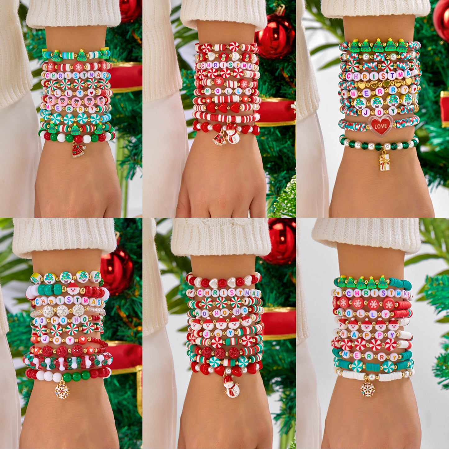 Pulsera de Dijes de Árbol de Navidad y Corazón de Aleación de Zinc Hecha a Mano con Cuentas de Copo de Nieve, Reno y Papá Noel para Mujer