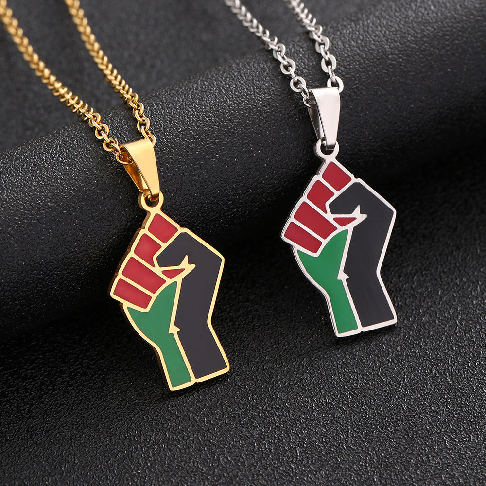 Geometric African Fist Symbol Pendant Necklace in Stainless Steel with Titanium Steel Charm, Electroplated O-Chain, Unisex Fashion Accessory