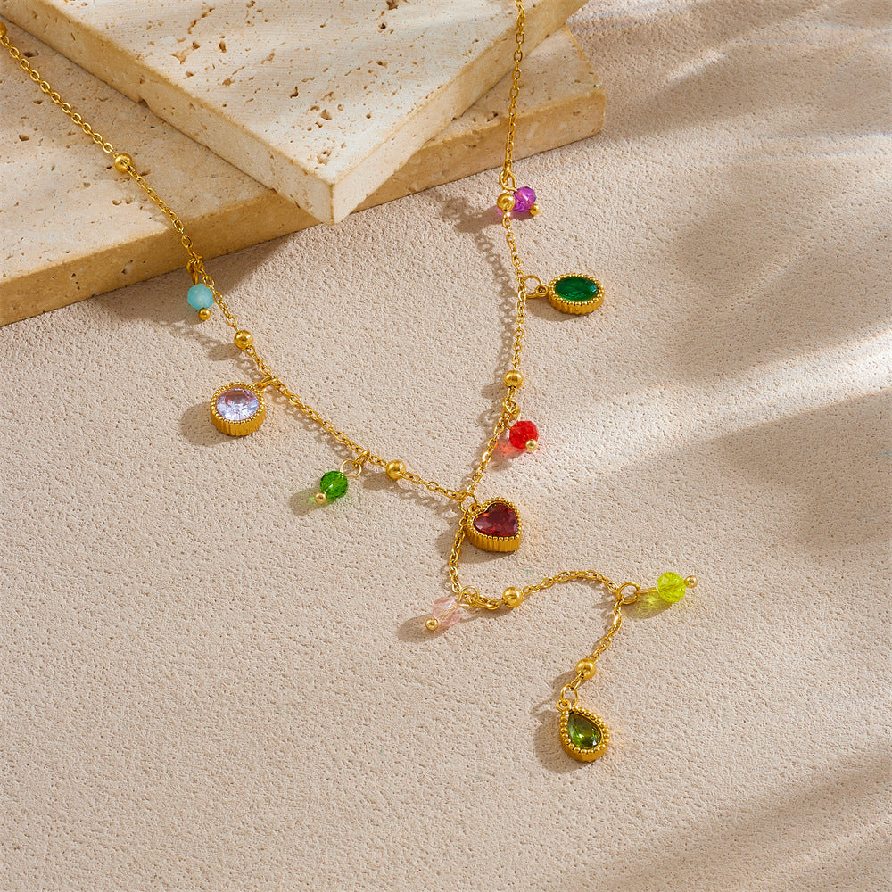 Sweet Geometric Strawberry Drip Oil Rhinestone Crystal Plated Stainless Steel Y-Necklace for Women