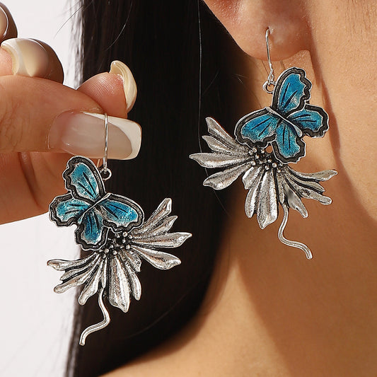 Vintage Ethnic Style Butterfly-Shaped Alloy Earrings with Enamel Finish for Women