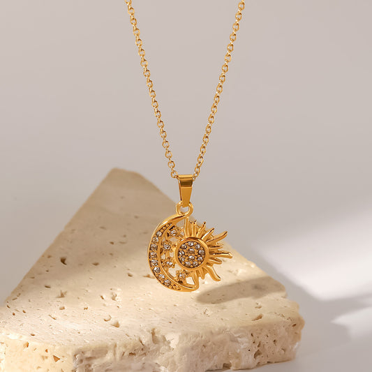 Collar con colgante de luna geométrica estilo INS de acero de titanio con chapado en oro de 18 quilates e incrustaciones de diamantes de imitación para mujer