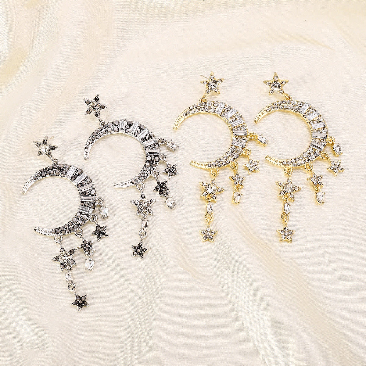 Pendientes de mujer con colgante geométrico de luna y estrella, dulces y atrevidos, con base de aleación e incrustaciones de diamantes de imitación, acabado chapado y diseño de borla larga
