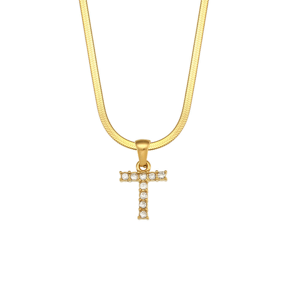 Collana Minimalista con Ciondolo a Lettera in Acciaio Inossidabile con Placcatura in Oro 18K e Zircone su Catena a Serpente Piatta per Donna