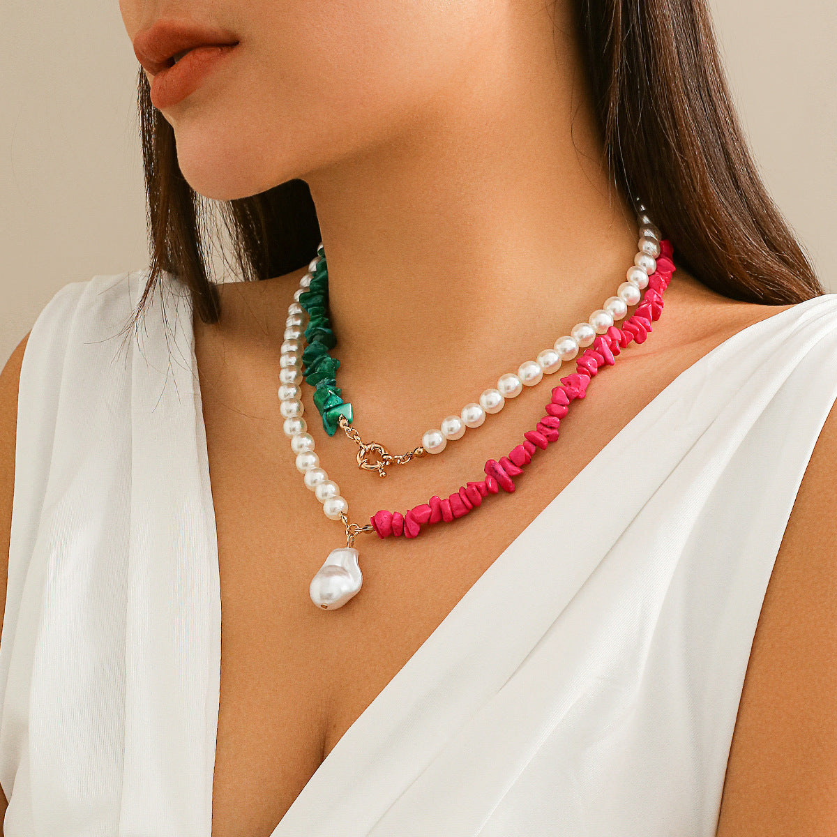 Collar de perlas de imitación estilo geométrico vintage con borla y cadena de bolas para mujer
