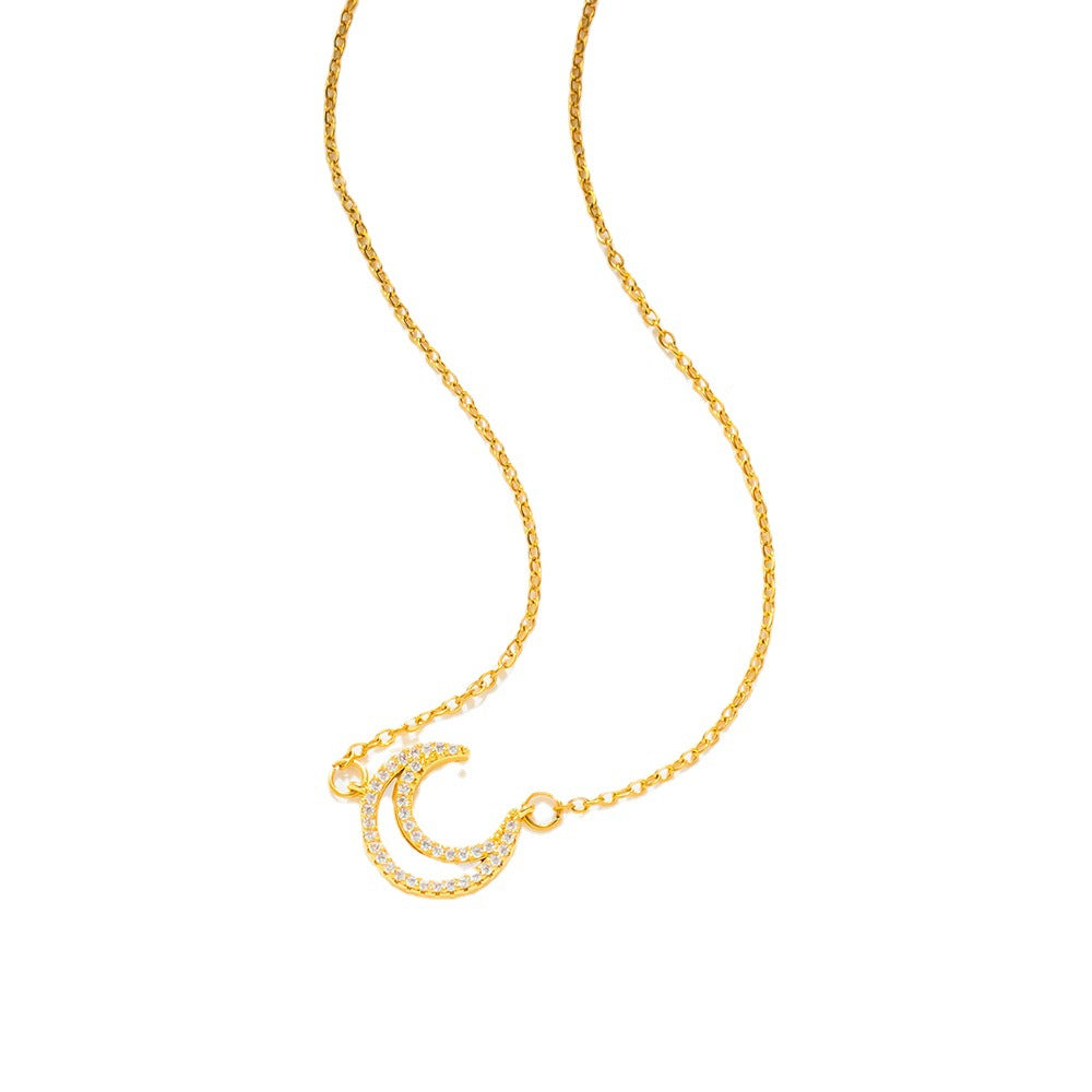 Collana Minimalista in Acciaio al Titanio a Forma di Luna con Intarsio in Madreperla e Strass, Catena a O, Delicata Collana da Donna per Clavicole